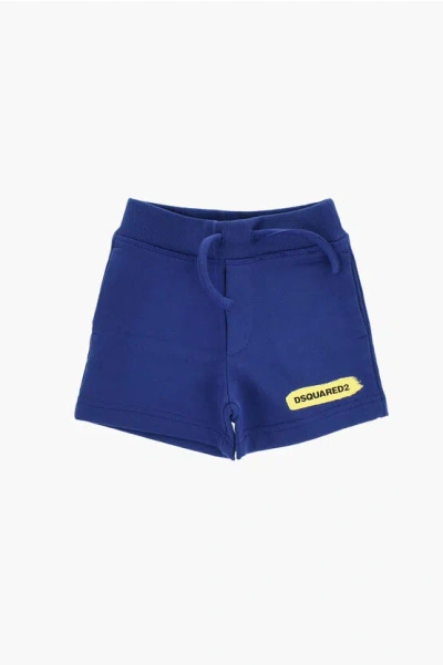 Dsquared2 Brushed Cotton Shorts With Printed Logo In Blue