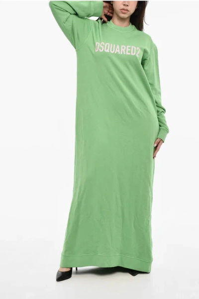 Dsquared2 Brushed Sweatshirt Long Dress With Logo Print In Green
