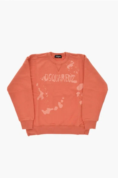Dsquared2 Brushed-cotton Crewneck Sweatshirt Slouch Fit With Printed L In Orange