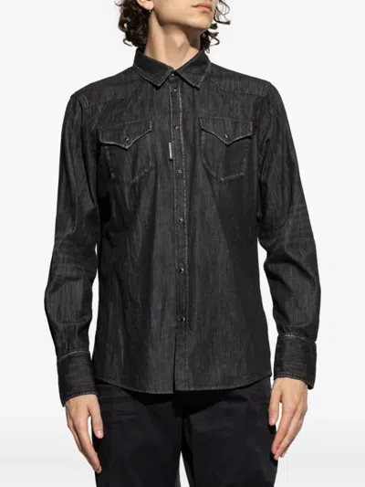 Dsquared2 Button-down Black Shirt With Textured Fabric