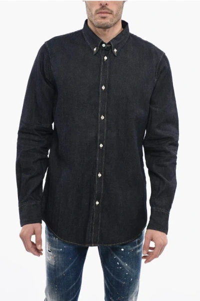 Dsquared2 Button-down Dean Dark Wash Denim Shirt In Black
