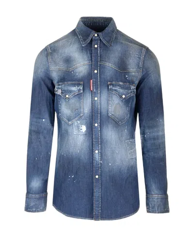DSQUARED2 DSQUARED2 BUTTON-UP DENIM DISTRESSED SHIRT