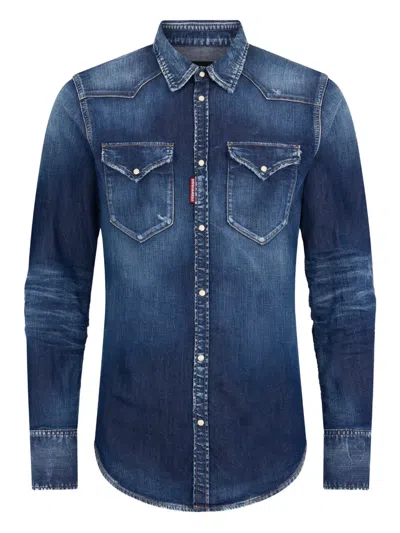 Dsquared2 Men Blue Long-sleeved Shirt With Classic Collar And Two Front Pockets In Denim Man