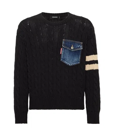 Dsquared2 Cable Knit Crewneck Jumper In Black Variant