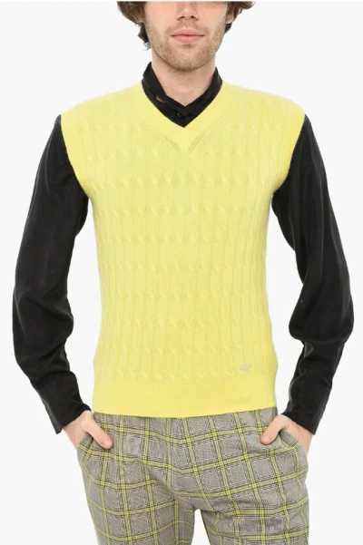 Dsquared2 Cable Knit Sleeveless V-neck Sweater In Yellow