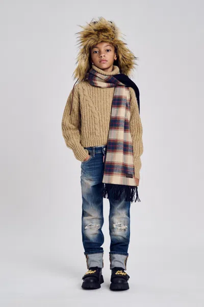 Dsquared2 Kids' Cable-knit Turtleneck With Logo In Brown
