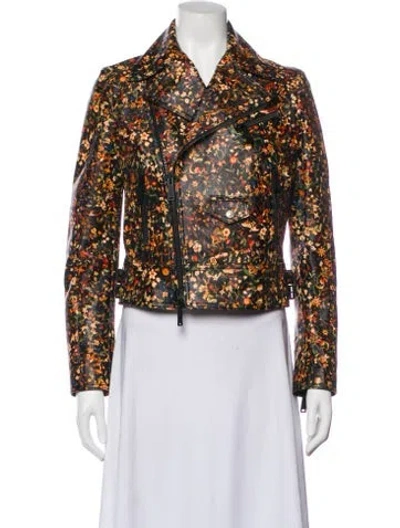 Pre-owned Dsquared2 Calf Leather Floral Print Biker Jacket In Blue