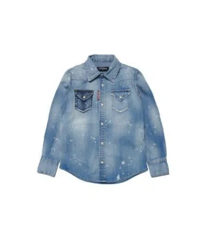 Dsquared2 Kids' Camicia Denim Con Effetto Vernice In Blue