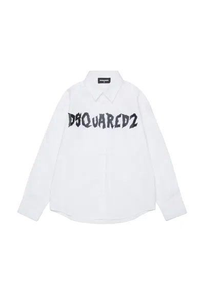 Dsquared2 Kids' Camicia In Popeline Con Logo Lucido In White