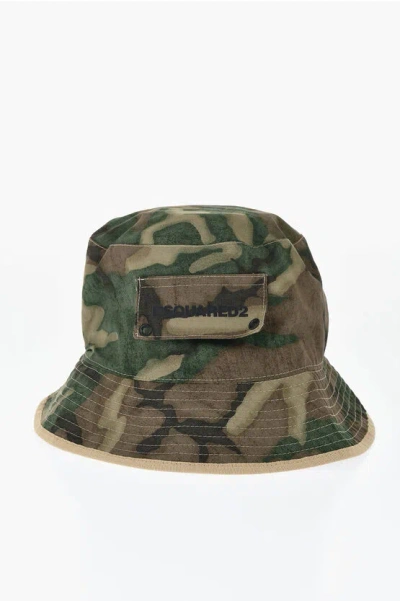 Dsquared2 Camouflage Bucket Hat With Pocket In Brown