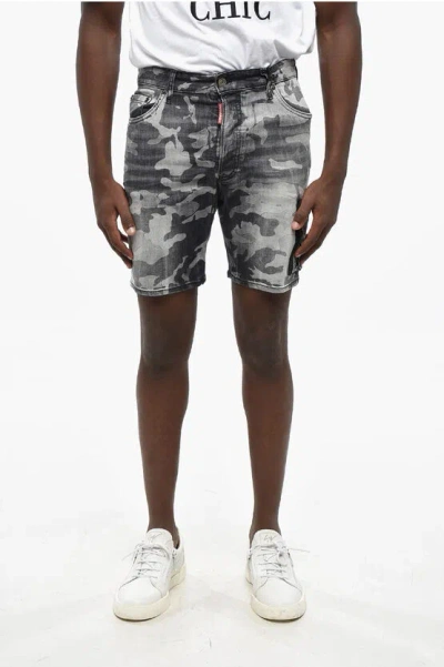 Dsquared2 Camouflage Motif Stretch Denim Marine Shorts In Gray