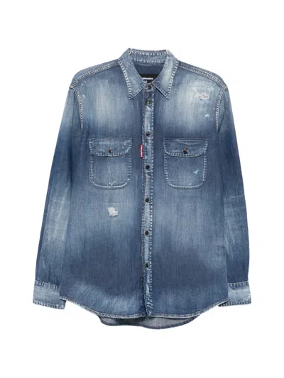 Dsquared2 Canadian Distressed Denim Shirt In Blue