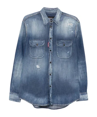 Dsquared2 Canadian Distressed Denim Shirt In Blue