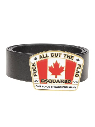 Dsquared2 Canadian Flag Plaque Rectangular Buckle Calf Leather Belt In Black