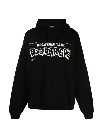 Dsquared2 Canadian Village Logo Loose Fit Hoodie In Black