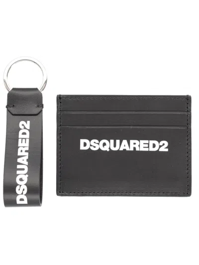 Dsquared2 Card Holder Leather Keychain Set Wallet In Black