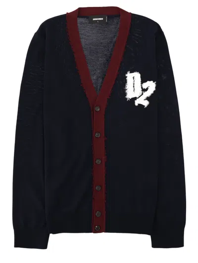 Dsquared2 Logo-patch Frayed Cardigan In Blue