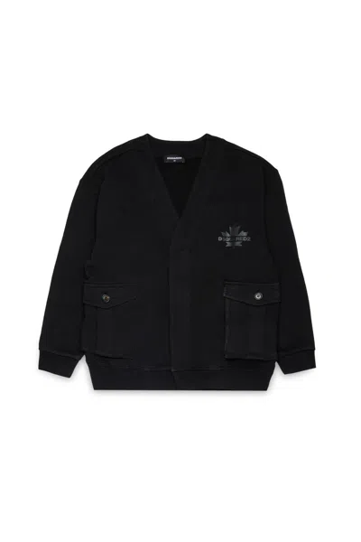 Dsquared2 Kids' Cardigan-style Sweatshirt With Maple Leaf Logo In Black