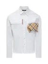 Dsquared2 White Cotton Denim Carpenter Shirt With Checked Pocket Square In White