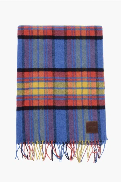Dsquared2 Cashmere And Silk Tartan Scarf With Fringes In Blue
