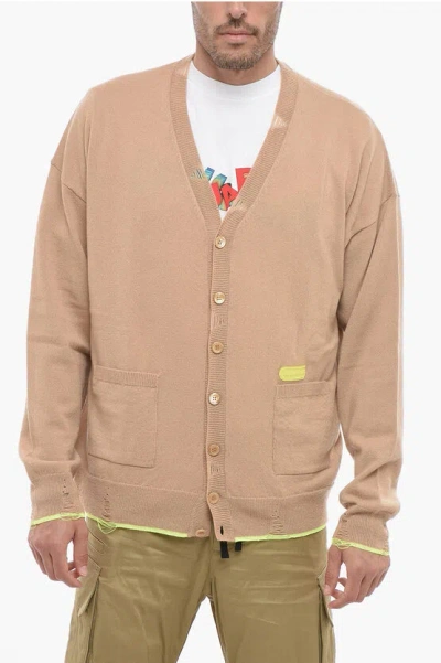 Dsquared2 Cashmere Blend Cardigan Wiith Distressed Detail In Beige
