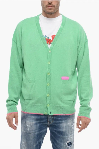 Dsquared2 Cashmere Blend Cardigan With Distressed Detail In Green