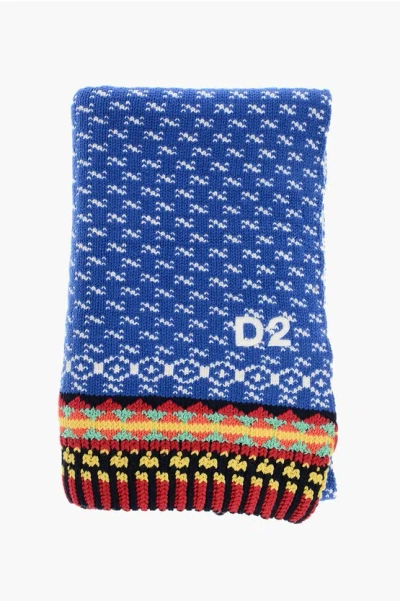 Dsquared2 Cashmere Blend Maxi Scarf With Embroidered Logo In Blue