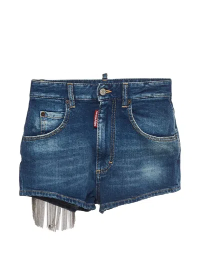 Pre-owned Dsquared2 Chain-fringe Denim Shorts In Blue