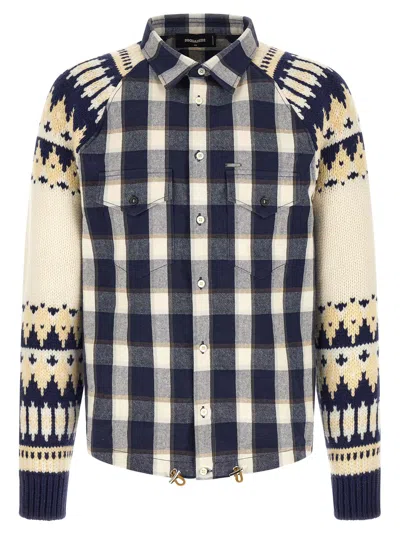 Dsquared2 Check And Jacquard Knit Hybrid Shirt In Navy