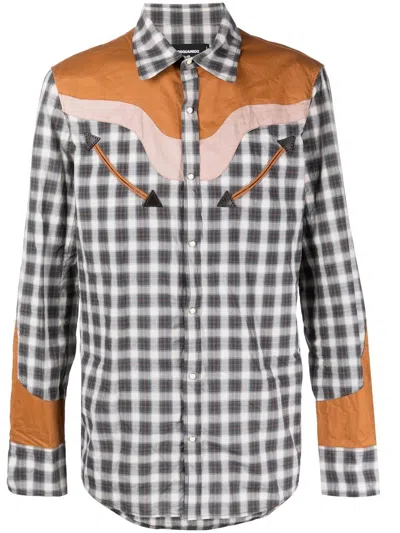 Dsquared2 Western Checked Cotton Shirt In Off White,brown