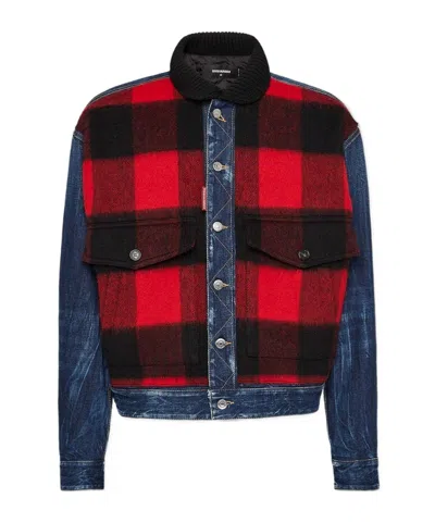Dsquared2 Check-printed Button-up Denim Jacket In Blue