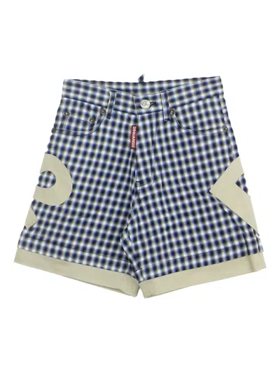 Dsquared2 Kids' Checked Logo-patch Shorts In Blue