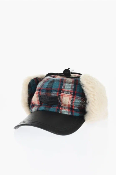 Dsquared2 Checked Wool Blend Deerstalker Hat With Textured Leater Viso In Multi
