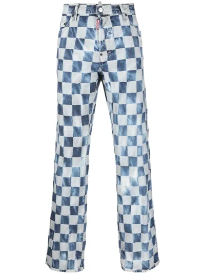 Dsquared2 Checkerboard Straight-leg Jeans In Blue