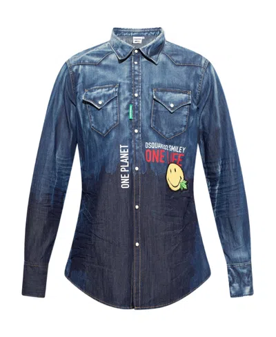 Dsquared2 Chest Logo-print Detail Denim Shirt In Blue