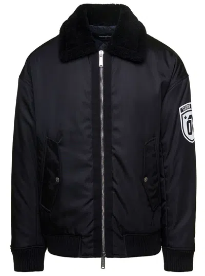 DSQUARED2 'CIPRUS' BLACK BOMBER JACKET WITH CONTRASTING LOGO PATCH AND PRINT