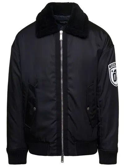 Dsquared2 'ciprus' Black Bomber Jacket With Contrasting Logo Patch And Print In Nylon Man