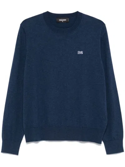 Dsquared2 Classic Blue Crew-neck Sweater With Ribbed Cuffs