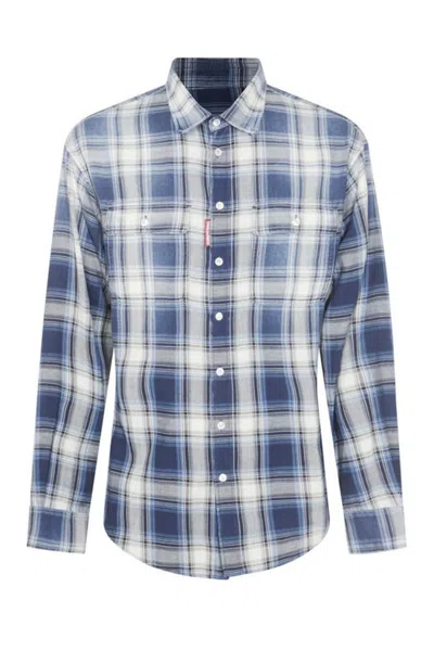 Dsquared2 Classic Plaid Cotton Shirt With Button-down Collar In Blue