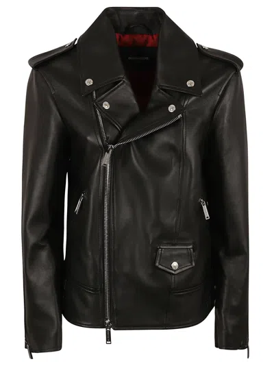 Dsquared2 Leather Oversized Biker Jacket In Nero