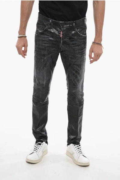 Dsquared2 Coated Cotton Skater Denims With Distressed Detail In Black