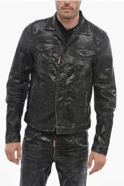 Dsquared2 Coated Denim Jacket With Distressed Detail In Black