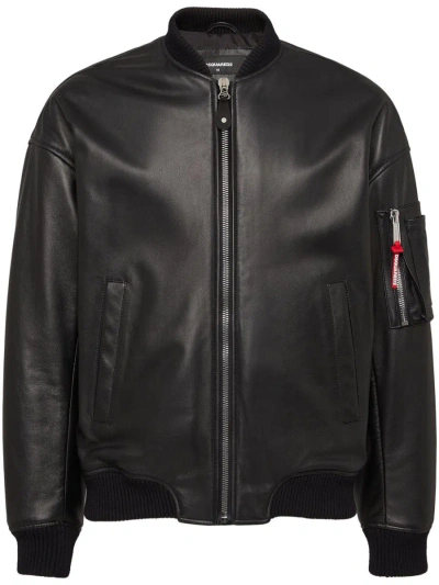Dsquared2 Black Lambskin Jacket With Ribbed Collar In Multicolor