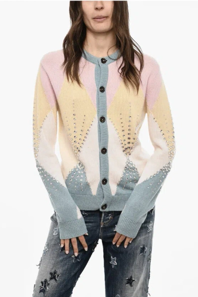 Dsquared2 Color Block Virgin Wool Cardigan With Jewels