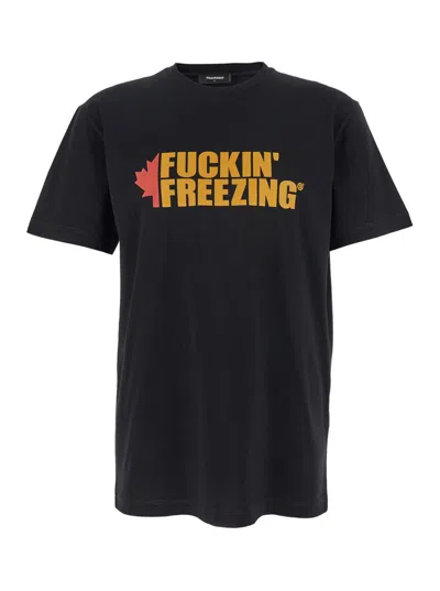 DSQUARED2 BLACK CREWNECK T-SHIRT WITH PRINT ON THE FRONT AND LOGO LETTERING ON THE REAR IN COTTON MAN