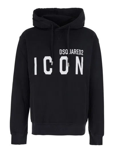 Dsquared2 Men Black Hoodie With Logo Print On The Front In Cotton Man