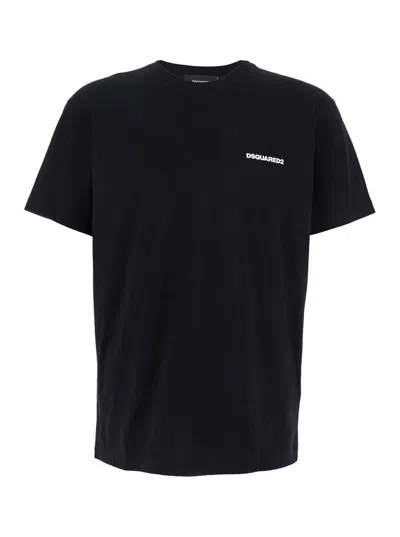 DSQUARED2 BLACK CREWNECK T-SHIRT WITH FRONT LOGO AND GRAPHIC PRINT ON THE BACK