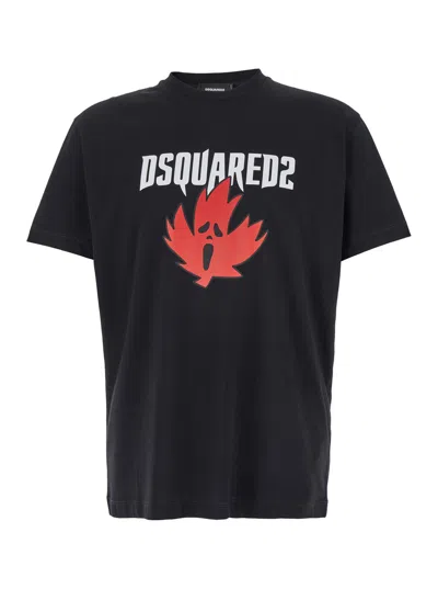 DSQUARED2 BLACK CREWNECK T-SHIRT WITRH SCREAMING MAPLE IN COTTON MAN