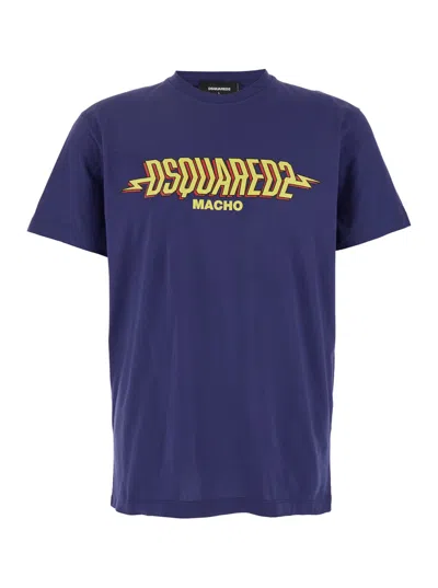 DSQUARED2 BLUE CREWNECK T-SHIRT WITH LOGO PRINT ON THE FRONT IN COTTON MAN