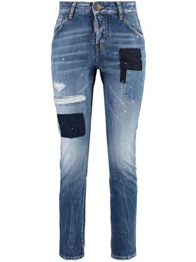 Dsquared2 Cropped Distressed Denim Jeans For Women In Blue